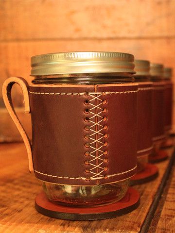 Holdster Cross Stitch and leather coaster set of four Leather Diy Projects, Leather Mason Jar, Small Leather Projects, Stitch Wallet, Whiskey Cup, Mason Jar Holder, How To Make Leather, Leather Coaster Set, Diy Leather Projects