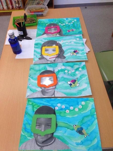 snorkeling self protraits Ocean Art Projects, Classe D'art, Ocean Unit, Cool Art Projects, Ocean Crafts, Kindergarten Art, Camping Art, Ocean Themes, Preschool Art