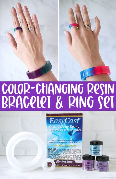 Thermochromic (Color-Changing) Resin Bracelet & Ring Set | artsy-fartsy mama Diy Mood Ring, Lovers Jewelry, Resin Bracelet, Resin Supplies, Diy And Crafts Sewing, Mood Ring, Resin Tutorial, Diy Sewing Pattern, Bracelet Ring