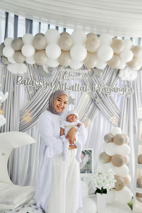 Decor Aqiqah Baby Girl, Dekor Aqiqah Baby Girl, Akikah Decoration, Aqiqah Decoration Simple, Decor Aqiqah Baby Boy, Backdrop Aqiqah, Decor Aqiqah, Aqiqah Decoration, Backdrop Foto