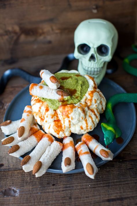 Roasted Cauliflower Brain With Green Slime Hummus And Dead Man’s Finger Sandwiches Halloween #Recipes #Roasted #Cauliflower #Brain #GreenSlime #Hummus #Dead #Man’s #Finger #Sandwiches Halloween Smorgasbord, Cauliflower Brain, Almond Fingers, Pumpkin Fondue, Savory Halloween Food, Halloween Jelly, Halloween Treats To Make, Recetas Halloween, Halloween Themed Food