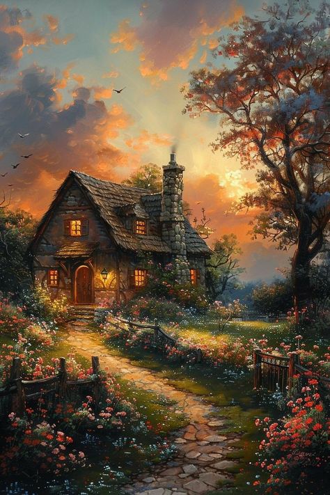 Thomas Kinkade Cottage, Thomas Kinkade Art, Thomas Kinkade Paintings, Kinkade Paintings, Cottage Painting, Cottage Garden Design, Collage Art Projects, Abstract Flower Art, Scenic Photos