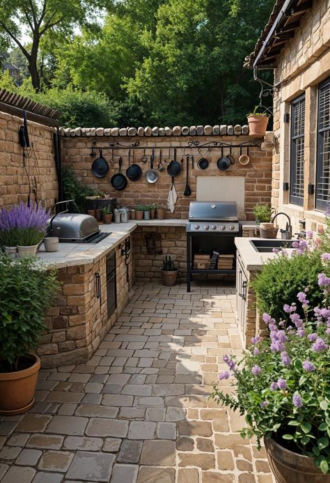 21 Stunning Outdoor Kitchen Patio Ideas (NEW) 42 Garden Kitchen Ideas Outdoor, Vintage Outdoor Kitchen, Outdoor Kitchen Connected To House, Summer Kitchen Ideas Outdoor, Backyard Patio Kitchen Ideas, Patios Aesthetic, Backyard House Ideas, Outside Kitchen Ideas Outdoor Spaces, Back Porch Kitchen