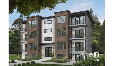 Color version 3 - Front of multi family plan 3019 Small Apartment Building Design, Apartment Building Design, Small Apartment Building, Apartments Exterior, Drummond House Plans, Apartment Plan, Sims 4 House Ideas, Sims 4 Build Ideas, Sims Home