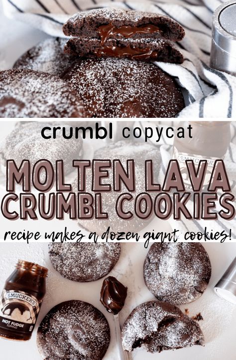 Chocolate Lava Cookies Recipes, Nonsweet Snacks, Chocolate Lovers Dessert, Chocolate Lava Cookies, Chocolate Filled Cookies, Copycat Cookies, Crumbl Copycat, Lava Cookies, Crumble Cookie Recipe