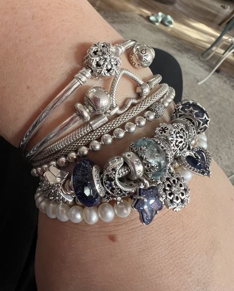 Pandora Bracelet On Wrist, Pandora Bracelet Stack, Pandora Bracelet Aesthetic, Bracelet Stack Ideas, Pandora Bracelet Charms Ideas, Pandora Bracelet Designs, Jewelry Accessories Ideas, Dope Jewelry, Pandora Bracelet Charms