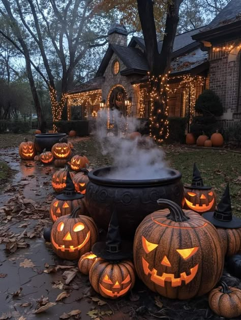 Halloween Exterior Decorations, Cozy Halloween Aesthetic, Halloween Front Yard, Hocus Pocus Decor, Halloween Exterior, November Autumn, Hocus Pocus Witches, Kid Friendly Halloween, Cozy Halloween