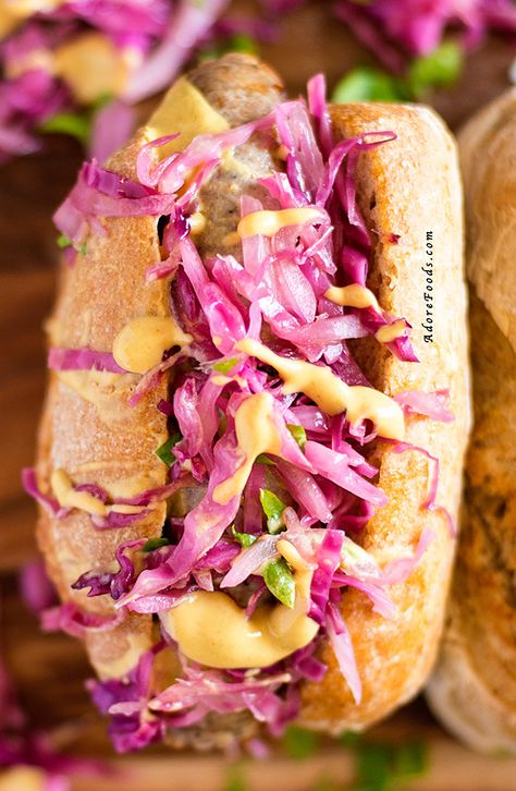 German Bratwurst hot dog with red cabbage sauerkraut Red Cabbage Sauerkraut, German Bratwurst, Bratwurst Recipes, Grilling Hot Dogs, Hot Dog Toppings, Oktoberfest Food, Hot Sandwich, Hot Dog Recipes, Dog Recipes