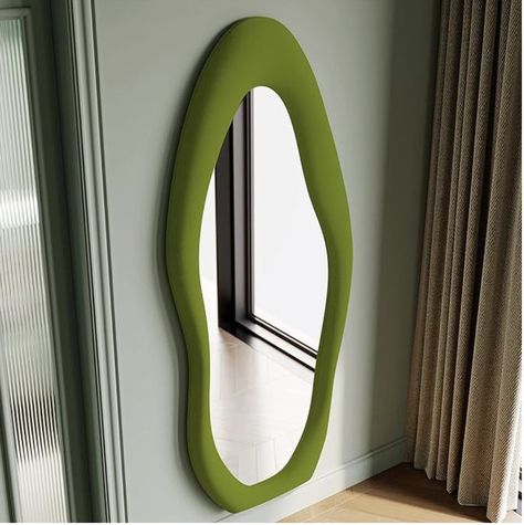 Honyee Full Length Mirror, 63" x 24" Wall Mirror, Flannel Wrapped Wooden Frame Floor Mirror, Irregular Wavy Mirror Hanging or Leaning Against Wall for Cloakroom/Bedroom/Living Room, Green Mirror Wall Panel, Mirror Floor, Stylish Mirror, Floor Length Mirror, Wavy Mirror, Dressing Mirror, Length Mirror, Living Room White, Full Length Mirror