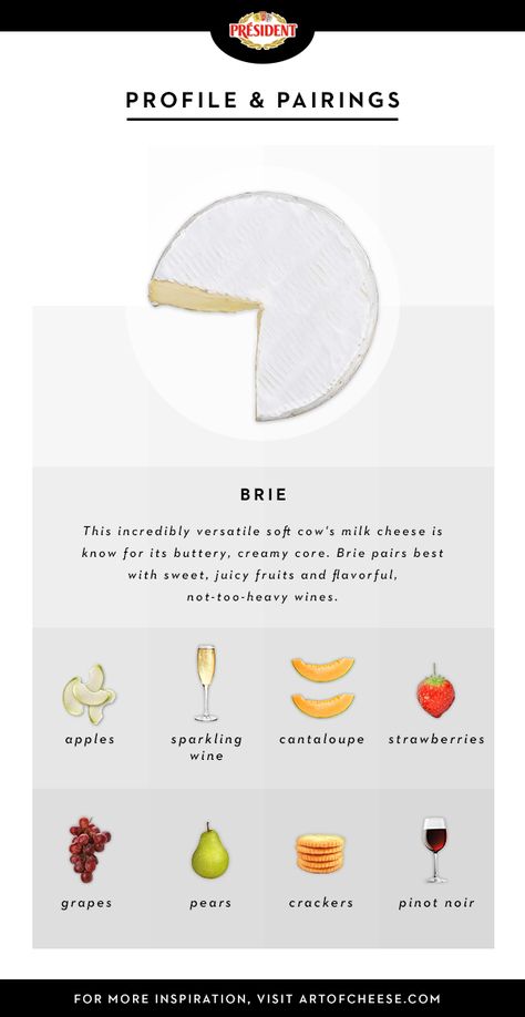 Brie cheese pairings: apples, wine, sweet fruits, crackers and more. #artofcheese #presidentcheese Dairy Snacks, Wine Cheese Pairing, Cheese Display, Strawberry Wine, Cheese Pairings, Cheese Party, Yogurt Smoothies, Charcuterie And Cheese Board, Brie Cheese