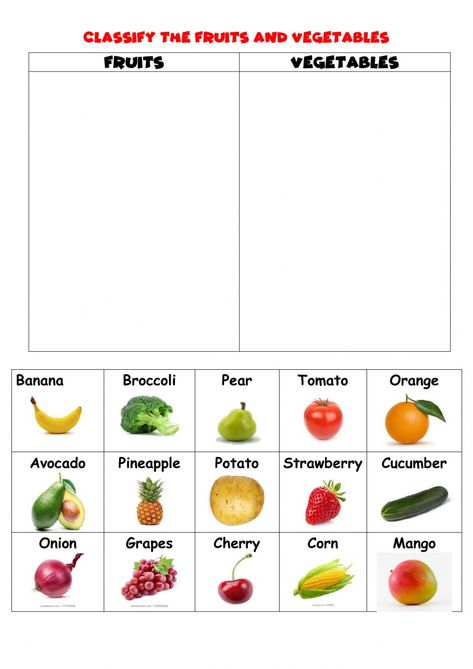 Fruits and vegetables classify worksheet Fruits And Vegetables Worksheet, Vegetable Activity For Kids, Preschool Activities Printable, Bahasa China, Kids Vegetables, Spring Fruit, English Activities For Kids, Food Activities, Fruits For Kids