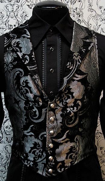 Something similar (maybe striped) for the caballeros. Vests and cravats in their Dama's signature colors. Black trousers. Aristocrat Vest, Victorian Mens Clothing, Victorian Vest, Gothic Fashion Victorian, Moda Steampunk, Era Victoria, Mode Steampunk, Steampunk Wedding, Goth Wedding