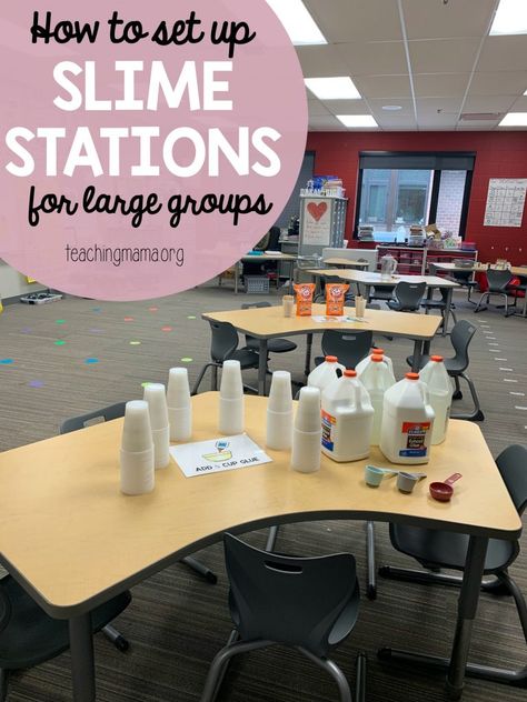 How to Set up Slime Stations - if you're making slime with a large group, this post has all the tips you need! How To Make Slime In The Classroom, Slime Recipe For Classroom, Slime Party Ideas, Slime Activities, Classroom Party Ideas, Slime Science, Science Experiments Kids Elementary, Teaching Mama, Wooden Craft Sticks