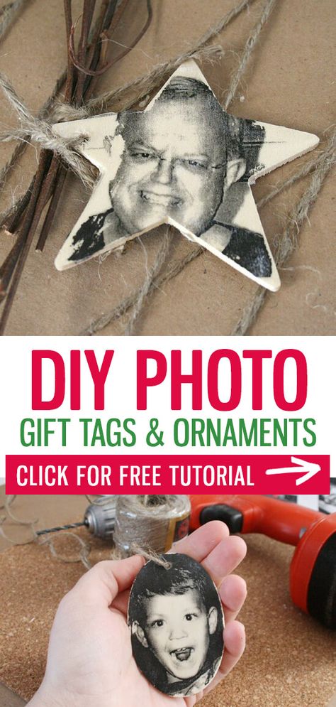 These fun and easy photo gift tags make picking out gifts under the tree super quick! And they make great ornaments for your tree next year! See how to make your own photo transfer gift tags with the full tutorial. Present Name Tags Diy, Homemade Personalized Gifts, Transfer Images To Wood, Diy Name Tags, Photo Gift Tags, Diy Projects For Adults, Photo Gifts Diy, Christmas Name Tags, Transfer Images