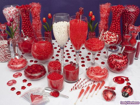 Red Candy Buffet    Red, the color of passion, is featured in this fun candy buffet design including chocolates, licorice wheels, fruit jell slices, gumballs, rock candy, swirling lollipops, taffy, gummy rings, red hots, candy sticks, and more Red Candy Buffet, Candy Buffet Ideas, Candy Bar Ideas, Buffet Dessert, Candy Buffet Wedding, Swirl Lollipops, Candy Buffet Tables, Candy Tables, Candy Bar Wedding