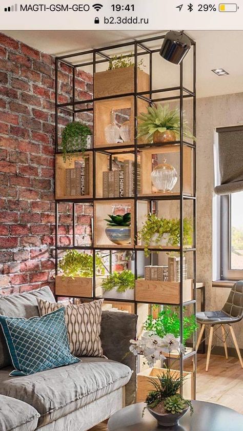 Lots Of Plants, Living Room Divider, Interior Design Per La Casa, Pallet Furniture Living Room, Regal Design, Living Room Partition, Living Room Partition Design, Room Partition Designs, Partition Design