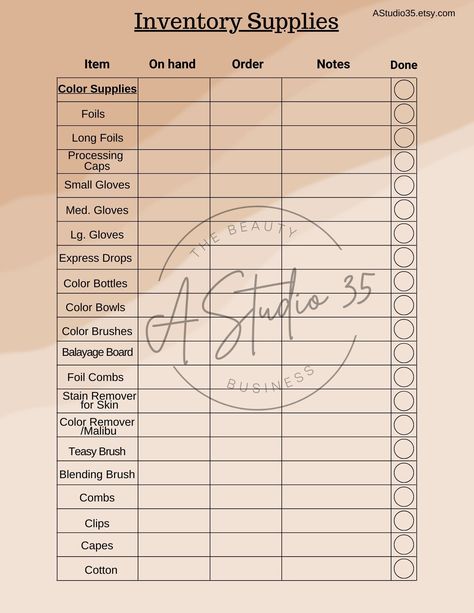 Keep track of all salon supplies with these printable inventory sheets. Includes 4 pages with extra room to write in other items. ✨This listing is for a PDF digital download file that prints 8.5 x 11.  Download and print as many times as you like. ✨This is a digital product. It will be ready to download after purchasing, and NO physical product will be shipped.  ✨Because it is a digital file, there are NO refunds once purchased. ✨This file is for personal use only and may not be shared, sold, co Hairstylist Organization, Hair Salon Essentials, Salon Inventory, Salon Supply Checklist, Hair Salon Must Haves, Hairstylist Inventory List, Nail Salon Inventory List, Braider Salon Suite Ideas, Salon Suite Checklist