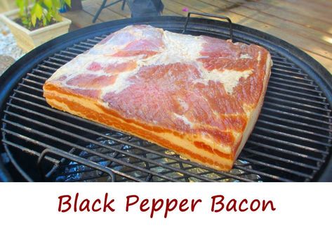 Black Pepper Bacon Black Pepper Bacon, Curing Bacon, Pepper Bacon, Homemade Bacon, Smoker Grill, Quick Vegetarian Meals, How To Make Bacon, Grill Recipes, Maple Bacon