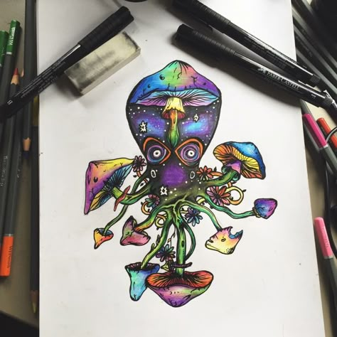 Trippy Draw, Trippy Marker Drawings, Cool Mushroom Drawings Trippy, Highlighter Drawings Trippy, Drawing Of Mushrooms Trippy, Trippy Octopus Drawing, Trippy Octopus, Octopus Drawing, Trippy Octopus Painting