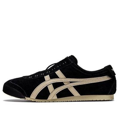 The Onitsuka Tiger Mexico 66 SlipOn 'Black Cream' is a stylish sneaker that combines classic design with modern features. The iconic brand logo is printed on the heel and tongue, giving the sneaker a unique personality. The soft inner material ensures a comfortable fit, while the improved sole design provides anti-slip protection. This sneaker is perfect for everyday activities and is sure to add a touch of style to any outfit. The inspiration behind the design is the classic Mexico 66 series, which has been a staple of the Onitsuka Tiger brand since the 1960s. (SNKR/Cozy/Light/Casual/Unisex/Low Top) Grunge Tennis Shoes, Womens Black Tennis Shoes, Low Profile Sneakers Women, Shoe Inspiration Sneakers, Tiger Shoes Outfit, Cool Black Sneakers, Sneaker Inspo Women, Mexico 66 Onitsuka Outfit, Black Sneakers Aesthetic