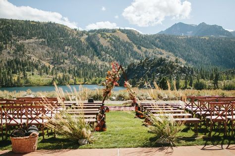 Boho Triangle Ceremony Decorations with fall flowers overlooking June Lake near Mammoth Lakes, CA. #bohowedding #bohemianbride #junelake #californiaweddingphotographer #mammothlakeswedding Outdoor Altar, June Lake California, Lake Wedding Photos, June Lake, Bohemian Outdoor, Autumn Lake, Wedding Ceremony Photos, Outdoor Fall Wedding, Lake Trip