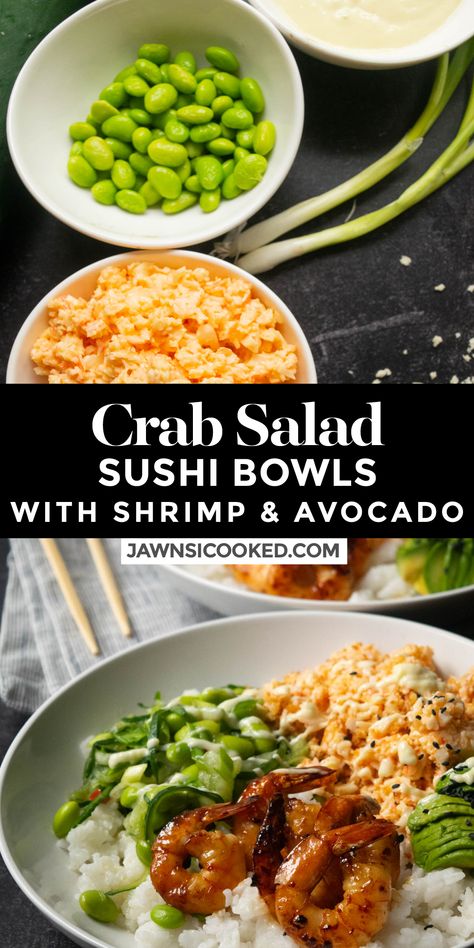 Kani Salad Poke Bowl, Shrimp And Crab Sushi Bowl, Easy Sushi Bowls At Home, Crab Salad Poke Bowl, Imitated Crab Poke Bowl, Crab Sushi Bowl Recipe, Crab Salad Recipe Easy Sushi, Crab Bowl Ideas, Crab Salad For Poke Bowl