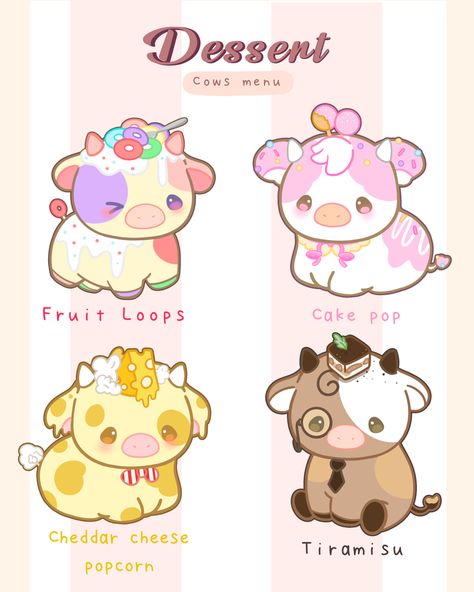 Dessert Animals Drawing, Cute Food Drawings Aesthetic, Kawaii Food Drawings, Cute Cow Drawing, Dessert Animals, Interesting Desserts, Kawaii Cow, Cute Easy Doodles, Cute Kawaii Animals