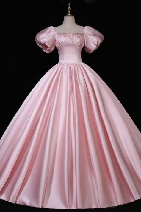 Pink Satin Ball Gown For Party, Pink Satin Ball Gown For Debutante Ball, Pink Ruffled Ball Gown For Formal Occasions, Pink Fitted Ball Gown For Prom, Fitted Pink Ball Gown For Prom, Formal Pink Ruffle Ball Gown, Pink Satin Gown For Debutante Ball, Vintage Pink Evening Dress For Wedding, Pink Ball Gown