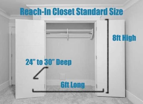 Reach-in closet sizes Reach In Closet To Walk In, Standard Closet Dimensions, Widening Closet Opening, Bedroom Reach In Closet Ideas, Deep Reach In Closet Ideas, Reach In Closet With Deep Sides, Closet Sizes Plan, Reach In Closet Doors, Diy Reach In Closet