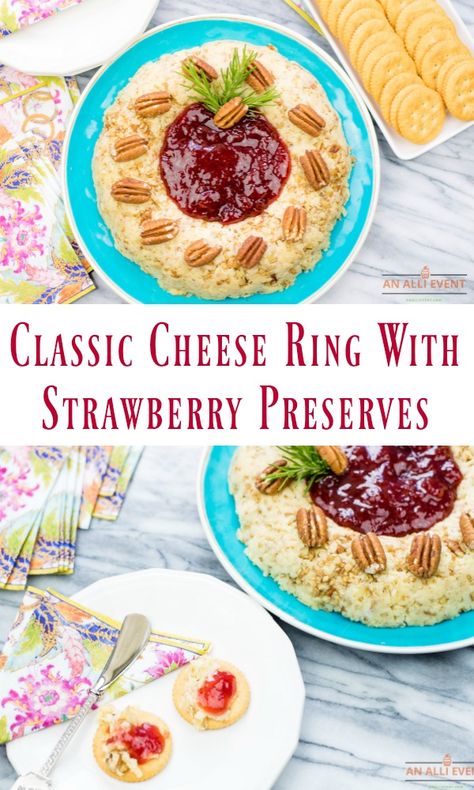 This cheese ring with strawberry preserves is a huge hit at parties. A combination of grated cheese, seasonings, mayo and toasted pecans molded into a pretty ring (use a bundt pan or tube pan) and served on crackers with strawberry preserves. #ad #mahoncheese #appetizer #cheesering Cheese Ring With Strawberry Jam, Cheese Ring With Strawberry Preserves, Cheese Ring, Tube Pan, Cheese Mold, Strawberry Compote, Strawberry Preserves, Strawberry Jelly, Easy Mexican