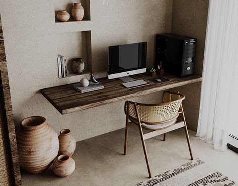 Wabi Sabi Home Office Design, Wabi Sabi Desk Work Spaces, Wabi Sabi Office Desk, Wabi Sabi Small Apartment, Wabi Sabi Bookshelf, Wabi Sabi Home Office, Wabi Sabi Desk, Wabi Sabi Office, Wabi Sabi Room