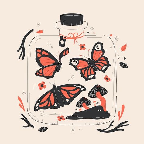 Jars Illustration, Moody Color Palette, Boho Illustration, Orange Butterflies, Fantasy Nature, Mystic Illustration, Orange Butterfly, Magic Spells, Bohemian Home