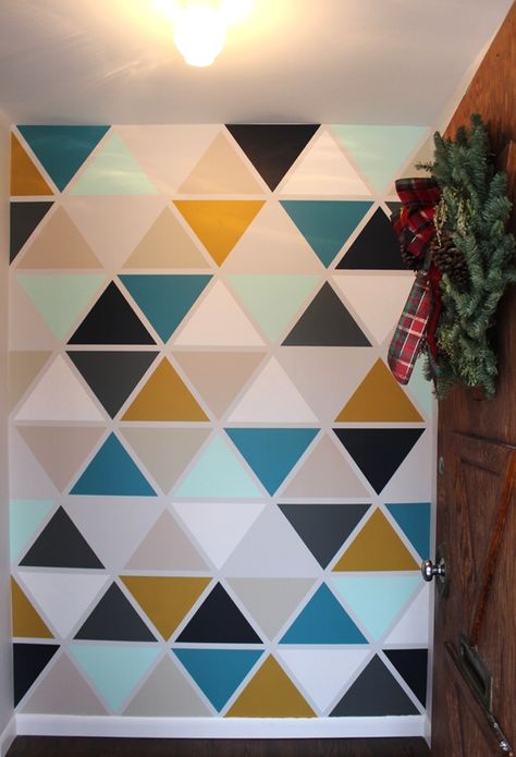 I highly doubt I have the chops for this project but I ADORE it!!!- Unpatterned DIY Entry Stencil Diy Wall Design, Geometric Wall Paint, Wall Paint Patterns, Mental Capacity, Creative Wall Painting, Diy Wall Painting, Triangle Wall, Room Wall Painting, Bedroom Wall Designs