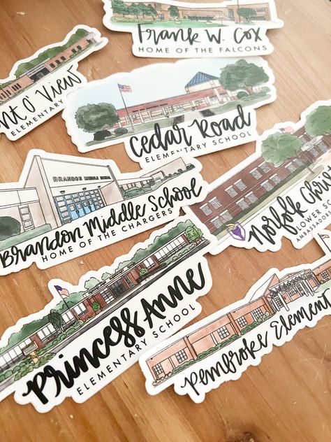 Several hand drawn water color style school stickers, with hand lettering underneath. Middle School Pta Ideas, School Swag Ideas, Pta Events, Pta Fundraising, School Swag, School Pto, Pta School, Swag Ideas, Room Mom