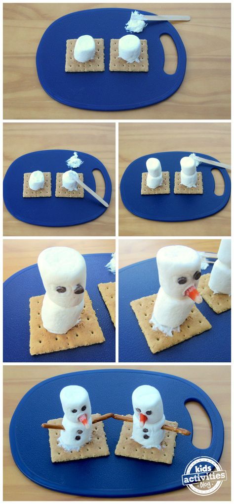 Make a Marshmallow Snowman Step by Step Winter Cooking For Kids, Marshmallow Snowman On A Stick, Edible Snowman, Snowman Snack, Snowman Crafts Preschool, Marshmallow Snowmen, Snowman Treats, Marshmallow Crafts, Winter Snack