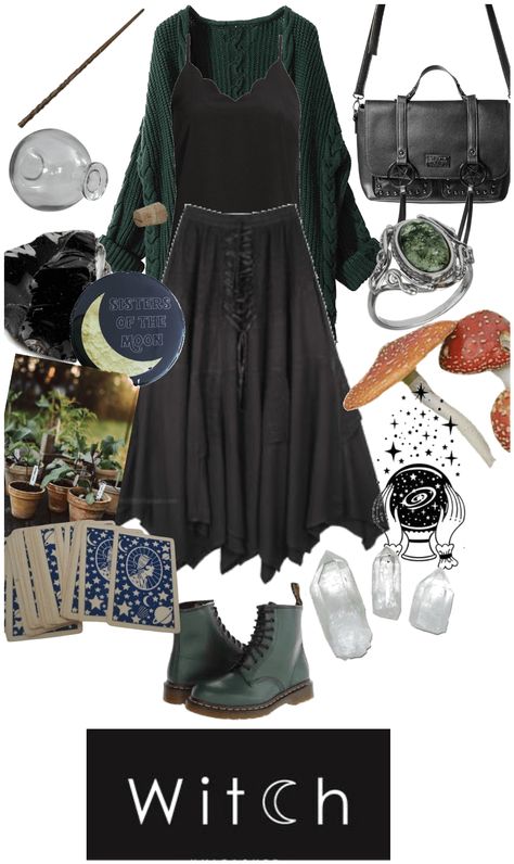 Coven Inspired Outfits, Crystal Witch Aesthetic Outfit, Green Witch Style, Elphaba Outfit Ideas, Eclectic Witch Outfit, Swamp Witch Outfit, Witch Winter Outfits, Witchy Plus Size Outfits, Garden Witch Outfit