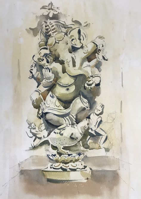 Ganpati Painting, Watercolour Practice, Statue Painting, Paintings Nature, God Painting, Buddha Drawing, Watercolor Guide, Historical Sculptures, Basic Art