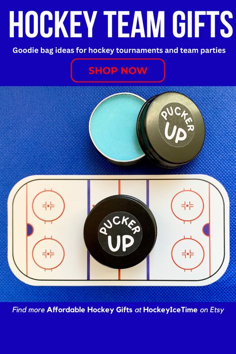 Searching for hockey team gifts for your hockey tournament gooodie bags or team party? Check out this all natural lip balm delivered to you in a cute custom puck tin on a rink card. Here is a usefull gift your hockey player is sure to love. This affordable hockey gift makes great hockey tournament SWAG without breaking the bank. Find this and more unique hockey gifts at HockeyIceTime on Etsy. Girls Hockey Gifts, Hockey Party Favors, Goodie Bag Ideas, Hockey Team Gifts, Hockey Tournament, Hockey Party, Hockey Tournaments, Hockey Girl, Team Party