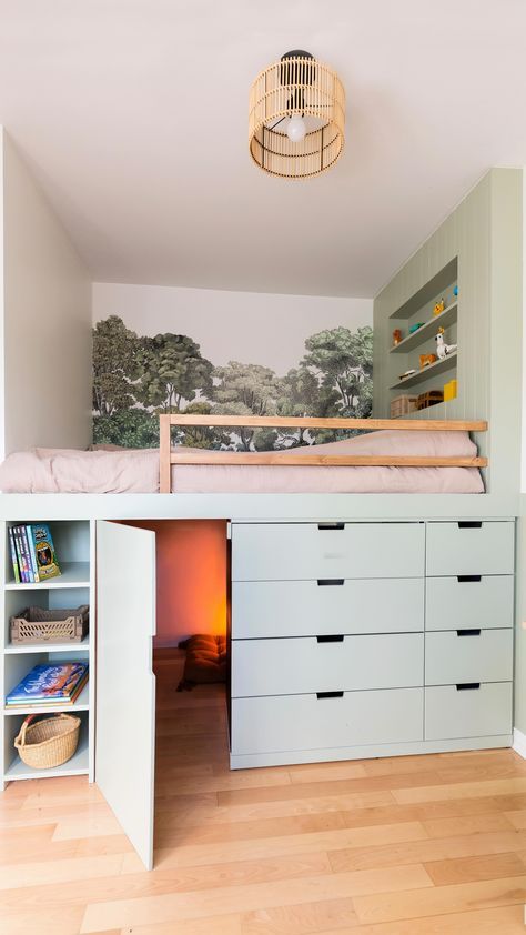 Bed With Play Area Underneath, Kids Room Elevated Bed, Kids Raised Bed, Underbed Hideout, High Loft Bed Ideas, Bed On Bookshelves, Two Level Bed, Kyra Bed Ikea Hack, Diy High Sleeper Bed