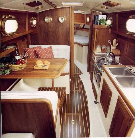 Southern Renaissance Man: Top Picks for Small Cruising Sailboats Liveaboard Sailboat, Boat Interior Design, Sailboat Interior, Yacht Interior Design, Sailboat Living, Boat Restoration, Living On A Boat, Small Sailboats, Boat Decor