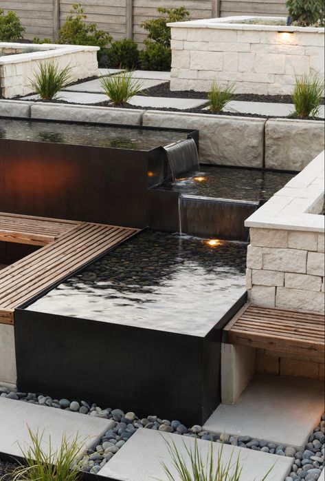 Modern Front Yard Water Feature, Modern Zen Landscape, Rooftop Water Feature, Low Maintenance Water Feature, Home Water Feature, Modern Waterfall Backyard, Tiered Water Feature, Modern Outdoor Water Features, Spillway Water Feature