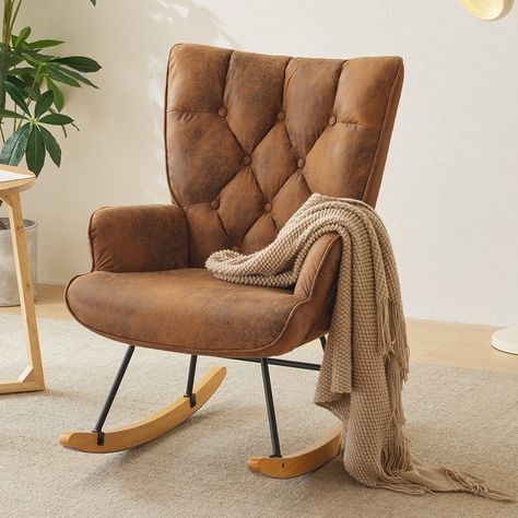 Rocking Chair Nursery, Upholstered Glider Rocker with High Backrest - On Sale - Bed Bath & Beyond - 40360779 Nursery Glider Rocker, Chair Nursery, Bedroom Brown, Tufted Side Chair, Modern Rocking Chair, Rocking Armchair, Modern Side Chairs, Rocking Chair Nursery, Glider Rocker