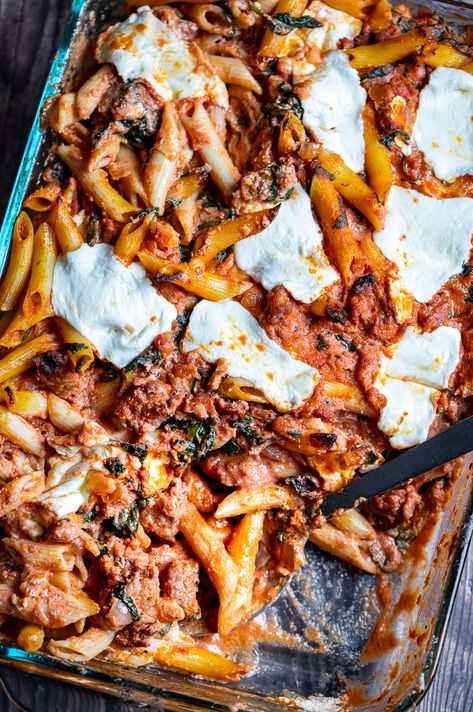 Sausage Pasta Bake with Mozzarella - The Genetic Chef Italian Sausage Bake, Ricotta Tomato, Sausage Mozzarella, Sausage Ricotta, Sausage Pasta Bake, Sausage Marinara, Mozzarella Pasta, Sausage Bake, Ground Sausage