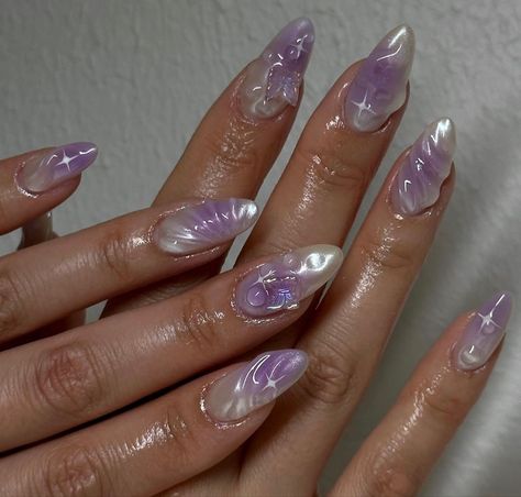 Purple Ethereal Nails, Douyin Nails Purple, Star Nails Acrylic Y2k, Purple Fairy Nails, Acrylic Nails Latina, Mermaid Core Nails, Gel Nails Purple, Aphrodite Nails, Jellyfish Nails