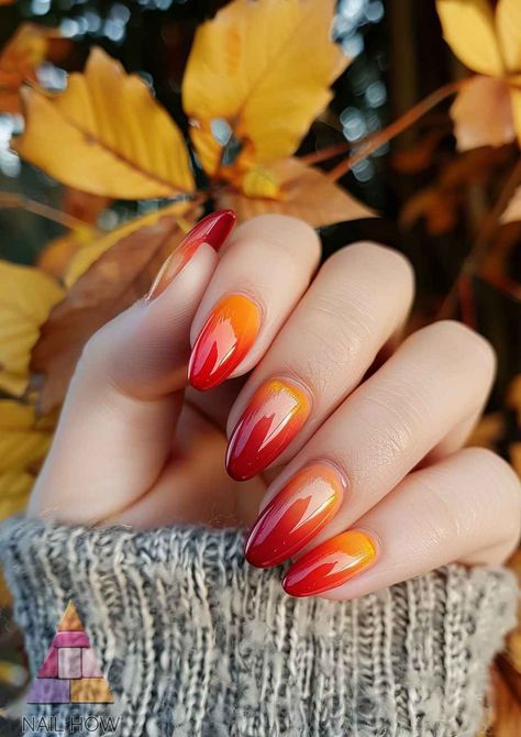 Nail Art Designs Red Colour, Red Yellow Nails Art Designs, Sunset Nail Ideas, Nails 2024 Yellow, Red Orange And Yellow Nails, Orange Cateye Nails, Orange Red Nails Design, Yellow Red Nails, Yellow And Orange Nails Design