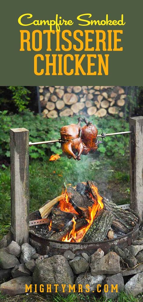 Campfire Smoked Rotisserie Chicken - Here's how to cook a whole chicken over a campfire, rotisserie style. This slow-cook method is fun for camping and produces a really nice smoke flavor that works well with barbecue sauce. Throw some husked corn into the fire too for a unique campsite dinner! Get info for building your own campfire rotisserie chicken spit. #campfood #camping Beer Brine, Walnut Chicken Recipe, Cook A Whole Chicken, Barbecue Sauce Chicken, Tartiflette Recipe, Stuffed Whole Chicken, Tender Chicken, Super Easy Recipes, Camp Cooking