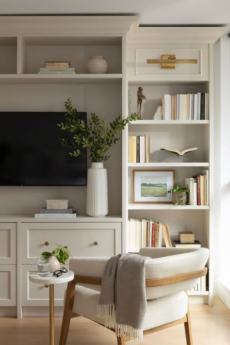 Mill | Ashley de Boer Interiors Tv Wall Built Ins Living Room, Built In Tv Bookcase, Living Room Nook Ideas Built Ins, Built Ins For Tv, Built In Around Tv, Wall Built Ins Living Room, Unique Built Ins, Livingrooms Design Ideas Cozy, Living Room Built Ins With Tv