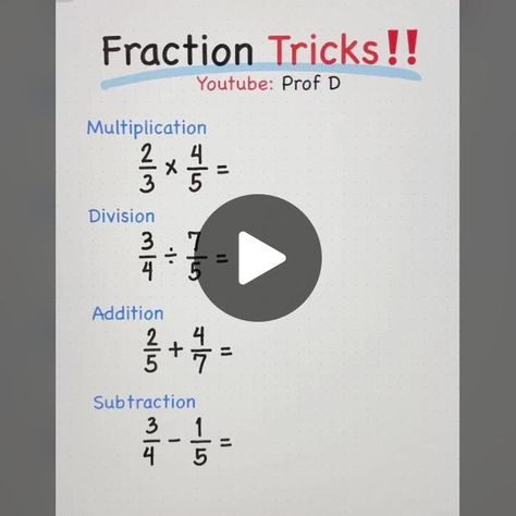 Fractions Tricks, Fraction Multiplication, Fraction Hacks, Multiplication Of Fractions, Fraction Addition, Math Hacks Fractions, Math Tricks For Kids, Math Tricks Hacks, Unlike Fractions