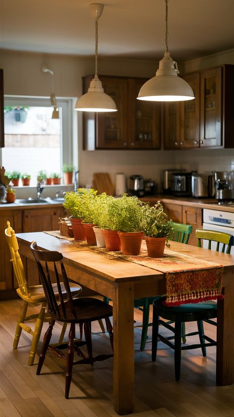 Step into a cozy kitchen that beautifully blends functionality and style! This wooden dining table serves as the heart of the space, perfect for both meals and meal prep. Mismatched dining chairs add a touch of personality, while a vibrant table runner brings in color. A collection of potted herbs not only enhances the decor but also adds freshness to your cooking. Pendant lights create a warm glow, making this kitchen an inviting gathering spot. Ready to elevate your own kitchen? Click through for more inspiration! #KitchenInspo #IKEAStyle #HomeDecor Long Table Kitchen, Dining Table Instead Of Island, Big Wooden Kitchen Table, Mismatched Kitchen Chairs, Mismatching Dining Chairs, Thrifted Dining Table, Mismatched Chairs Dining Table, Big Table Dining Room, Dining Kitchen Ideas