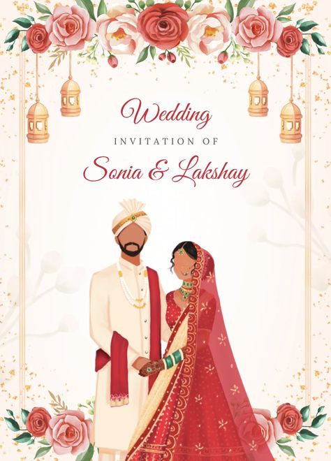 Wedding Card Design Canva, Wedding E Card Design, E Invites Wedding Design Indian, Wedding Intivation, Floral Backround, Wedding Cards Images, Royal Indian Wedding, Bride And Groom Cartoon, Indian Invitation Cards